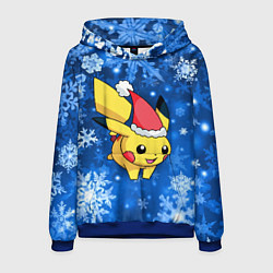 Толстовка-худи мужская Новогодний Пикачу в полете, цвет: 3D-синий