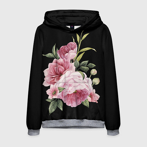 Мужская толстовка Пионы на чёрном / 3D-Меланж – фото 1