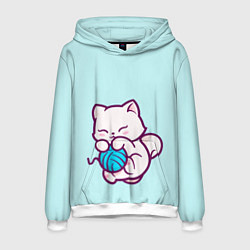 Толстовка-худи мужская Белый котенок с клубком милый, цвет: 3D-белый