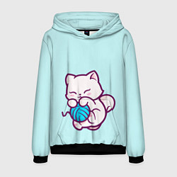 Толстовка-худи мужская Белый котенок с клубком милый, цвет: 3D-черный