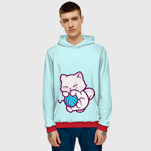 Мужская толстовка Белый котенок с клубком милый / 3D-Красный – фото 3