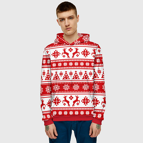Мужская толстовка Новый Год Олени и снежинки / 3D-Красный – фото 3