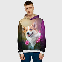 Толстовка-худи мужская Корги в розовом кусте, цвет: 3D-белый — фото 2