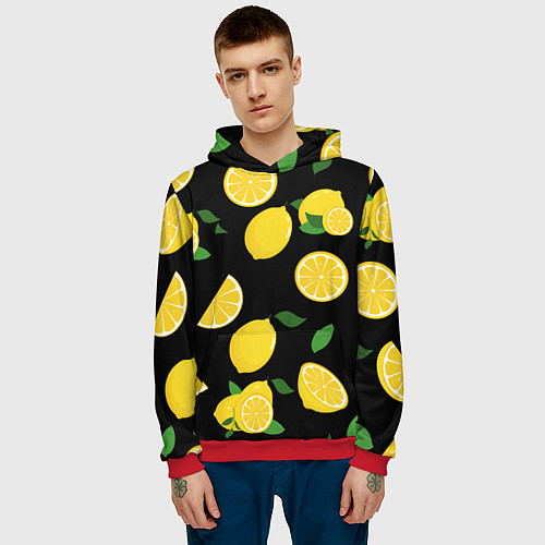 Мужская толстовка Лимоны на чёрном / 3D-Красный – фото 3