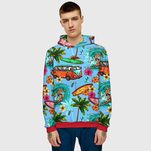 Мужская толстовка Пальмы, волны, серфинг / 3D-Красный – фото 3
