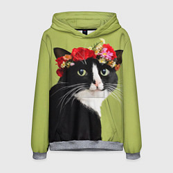Толстовка-худи мужская Кот и цветы, цвет: 3D-меланж