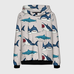 Толстовка-худи мужская Кровожадные акулы паттерн, цвет: 3D-черный