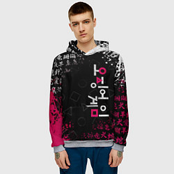 Толстовка-худи мужская ИГРА В КАЛЬМАРА БРЫЗГИ КРАСОК ИЕРОГЛИФЫ, цвет: 3D-меланж — фото 2
