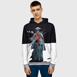 Толстовка-худи мужская Скелет Самурай с трубкой на черно белом фоне, цвет: 3D-меланж — фото 2