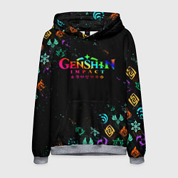 Толстовка-худи мужская GENSHIN IMPACT NEON LOGO RAINBOW STYLE, ЭМБЛЕМЫ, цвет: 3D-меланж