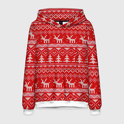Толстовка-худи мужская Новогодний узор с оленями и елкой, цвет: 3D-белый