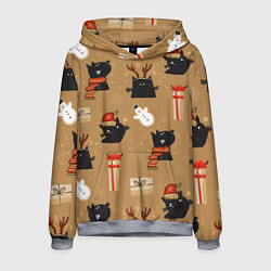 Толстовка-худи мужская Черные новогодние коты, цвет: 3D-меланж