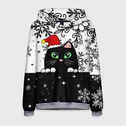 Толстовка-худи мужская Новогодний кот в колпаке Санты, цвет: 3D-меланж