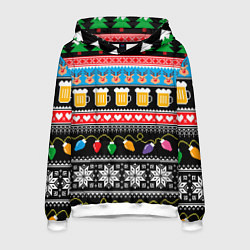 Толстовка-худи мужская Новогодний пивной узор, цвет: 3D-белый