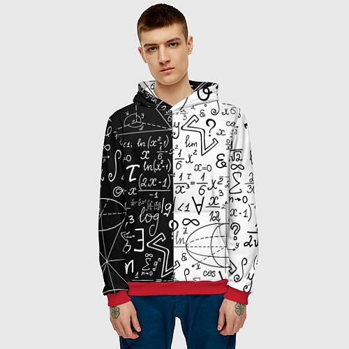 Мужская толстовка ЧЁРНО БЕЛЫЕ ФОРМУЛЫ ФИЗИКА МАТЕМАТИКА / 3D-Красный – фото 3