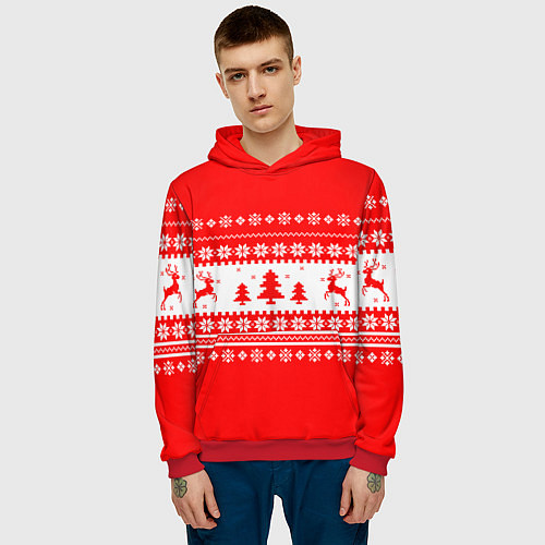 Мужская толстовка КРАСНО-БЕЛЫЙ СВИТЕР С ОЛЕНЯМИ / 3D-Красный – фото 3