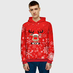 Толстовка-худи мужская Снежинки летящие и Олень с подарком, цвет: 3D-красный — фото 2