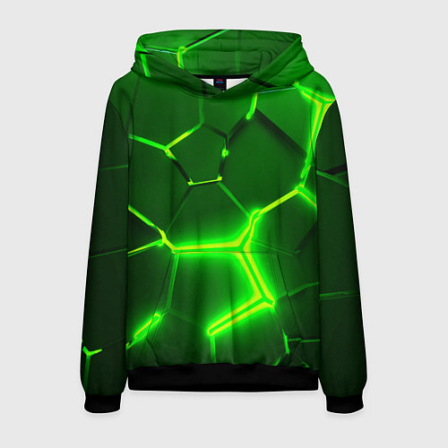 Мужская толстовка 3D ПЛИТЫ НЕОН NEON GREEN HEXAGON РАЗЛОМ / 3D-Черный – фото 1