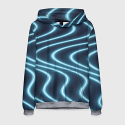Толстовка-худи мужская Неоновый свет Волны голубые на темном фоне, цвет: 3D-меланж