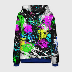 Толстовка-худи мужская Разноцветные пятна краски на черном фоне, цвет: 3D-синий