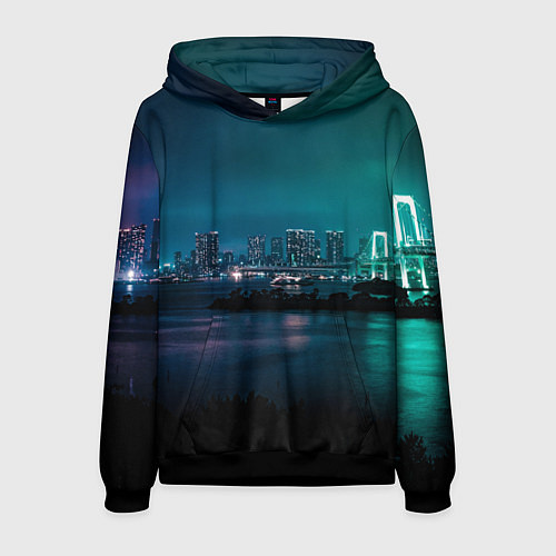 Мужская толстовка Неоновый город с рекой - Светло-зелёный / 3D-Черный – фото 1