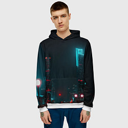 Толстовка-худи мужская Неоновые высотки в городе - Светло-синий, цвет: 3D-белый — фото 2