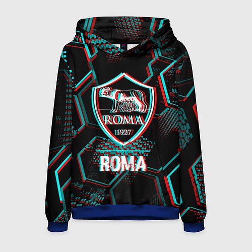 Мужская толстовка Roma FC в стиле Glitch на темном фоне / 3D-Синий – фото 1