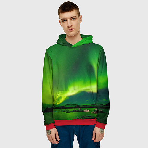 Мужская толстовка Абстрактное полярное сияние - Зелёный / 3D-Красный – фото 3