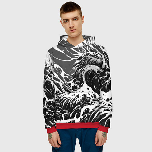 Мужская толстовка Черно-белые волны / 3D-Красный – фото 3
