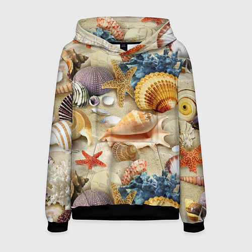 Мужская толстовка Морские раковины, кораллы, морские звёзды на песке / 3D-Черный – фото 1