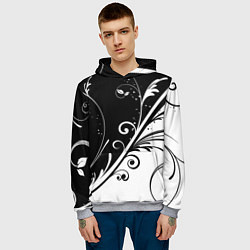 Толстовка-худи мужская Симметричные чёрно белые цветы Symmetrical black a, цвет: 3D-меланж — фото 2