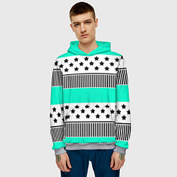 Толстовка-худи мужская Комбинированный полосатый черно-голубой узор, цвет: 3D-меланж — фото 2