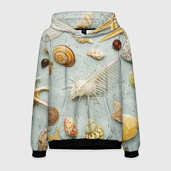 Толстовка-худи мужская Океанские ракушки и морские звёзды на песке, цвет: 3D-черный