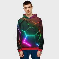 Толстовка-худи мужская Радужный градиент неоновые геометрические плиты, цвет: 3D-красный — фото 2