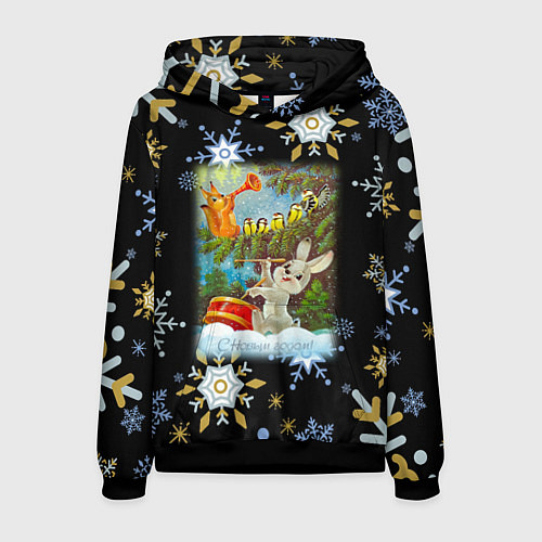 Мужская толстовка Новый год зайчик играет на барабане / 3D-Черный – фото 1