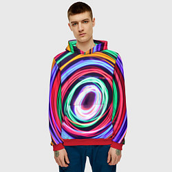 Толстовка-худи мужская Кругообразные абстрактные лучи, цвет: 3D-красный — фото 2