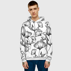 Толстовка-худи мужская Графичные цветы на белом фоне, цвет: 3D-белый — фото 2