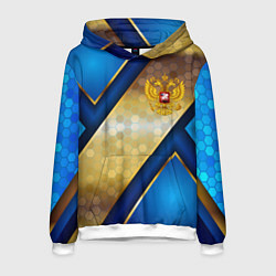 Толстовка-худи мужская Золотой герб России на синем объемном фоне, цвет: 3D-белый