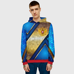 Толстовка-худи мужская Золотой герб России на синем объемном фоне, цвет: 3D-красный — фото 2