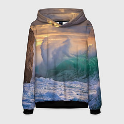 Толстовка-худи мужская Штормовая волна, накатывающая на берег, цвет: 3D-черный
