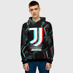 Толстовка-худи мужская Juventus FC в стиле glitch на темном фоне, цвет: 3D-черный — фото 2