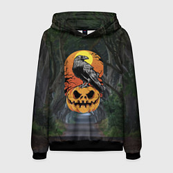 Толстовка-худи мужская Ворон, сидящий на тыкве - Halloween, цвет: 3D-черный