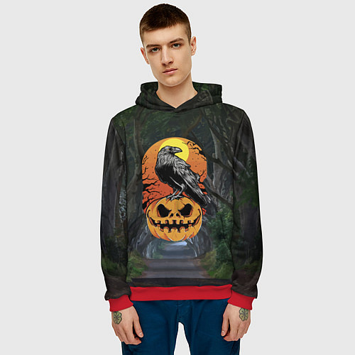 Мужская толстовка Ворон, сидящий на тыкве - Halloween / 3D-Красный – фото 3