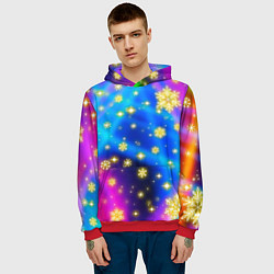 Толстовка-худи мужская Снежинки и звезды - яркие цвета, цвет: 3D-красный — фото 2