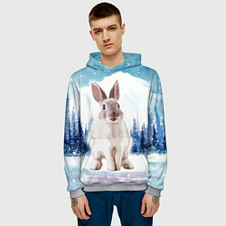 Толстовка-худи мужская Кролик в зимнем лесу, цвет: 3D-меланж — фото 2