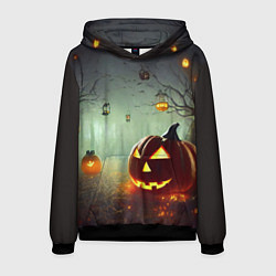 Толстовка-худи мужская Тыква на Хэллоуин в ночном туманном лесу, цвет: 3D-черный