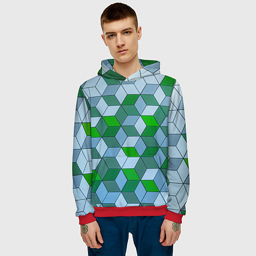 Мужская толстовка Зелёные и серые абстрактные кубы с оптической иллю / 3D-Красный – фото 3