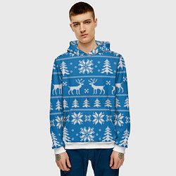 Толстовка-худи мужская Рождественский синий свитер с оленями, цвет: 3D-белый — фото 2