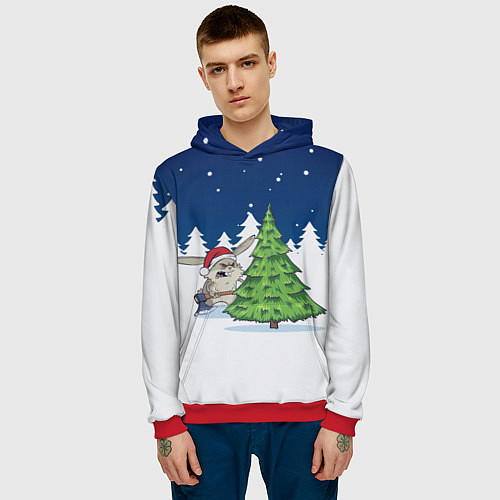 Мужская толстовка Злой кролик и ёлка - 2023 / 3D-Красный – фото 3
