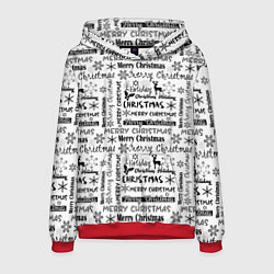 Толстовка-худи мужская Черно белый рождественский текстовый узор, цвет: 3D-красный